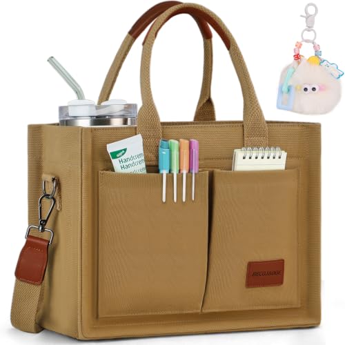 BECOJADDE Structured Canvas Tote Bag for Women, Multi-Compartment Zippered Purse for Work Bible Travel - color: Brown, size: Large