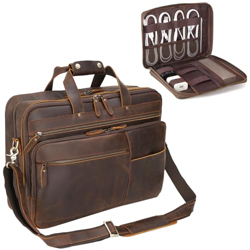 Polare X-Large 18" Full Grain Leather Briefcase Messenger Bag and Travel Cable Organizer Case Electronics Accessories Carry Bag