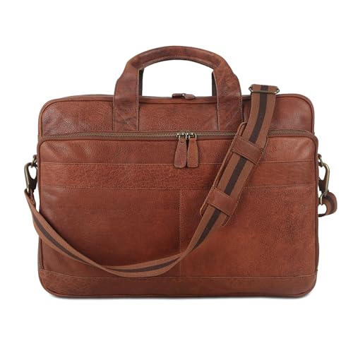 KomalC Leather briefcase 16 inch Laptop Messenger Bag for Men and Women Best Office Satchel Bag - color: Wash Tan