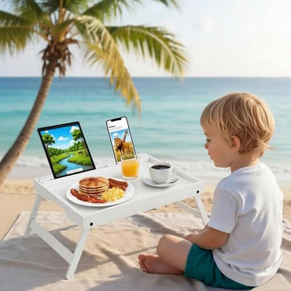 Bed Table Trays for Eating, Bamboo Breakfast Food Tray Table with Media Slot for Bed and Snack, Laptops, Sofa(White, Medium) - color: White