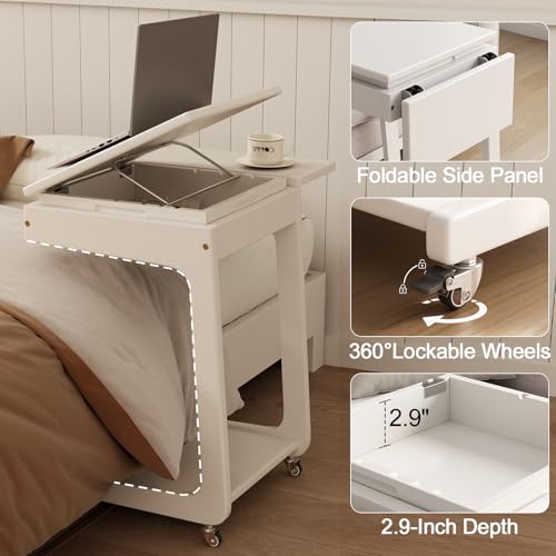 Solid Wood C Shaped End Table for Couch,White C Table with Wheels,Rolling Side Table with Storage,Couch Desk with Adjustable Desktop,Rolling Tv Tray with Folding Shelf,Modern Couch Table - color: White