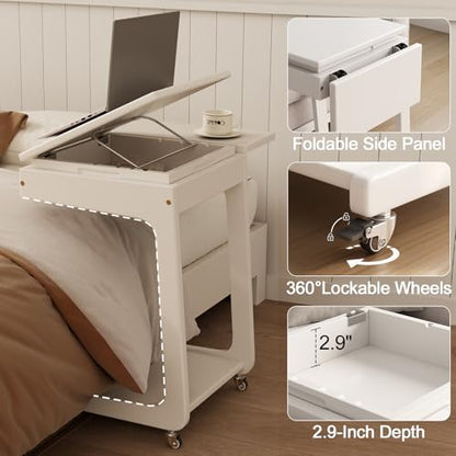 Solid Wood C Shaped End Table for Couch,White C Table with Wheels,Rolling Side Table with Storage,Couch Desk with Adjustable Desktop,Rolling Tv Tray with Folding Shelf,Modern Couch Table - color: White