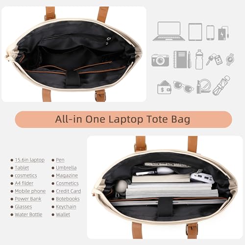 Laptop Bag for Women 15.6 Inch Work Tote Briefcase with USB Nylon Shoulder Handbag for Office Travel Business - color: Khaki