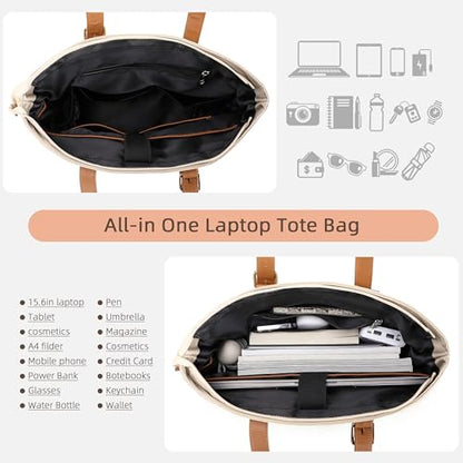 Laptop Bag for Women 15.6 Inch Work Tote Briefcase with USB Nylon Shoulder Handbag for Office Travel Business - color: Khaki