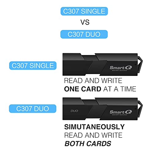 SmartQ C307 DUO SD Card Reader Portable USB 3.0 Flash Memory Card Adapter Hub for SD, Micro SD, SDXC, SDHC, MMC, Micro SDXC, Micro SDHC, UHS-I for Mac, Windows, Linux, Chrome, PC, Laptop, Switch (Duo) - size: Duo