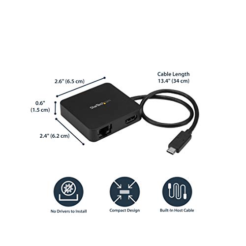 StarTech 4-in-1 USB-C Mini Dock, 4K HDMI, GbE, 5Gbps 3.0 Hub, USB-A/C | Windows, macOS, ChromeOS, iPadOS, Android, Driverless setup, 13in/34cm cable, Compact for hot-desking - style: 1x USB-A 3.0 | 1x USB C-(5Gbps) | HDMI