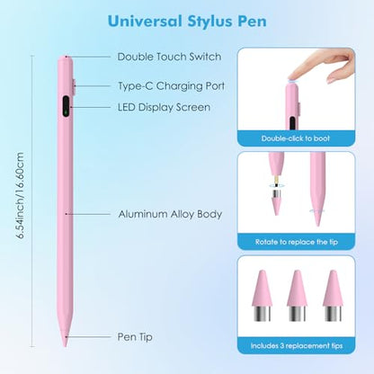 Moko Universal Capacitive Stylus Pencil for Touch Screen, Pink | Fast Charging, Power Display, Compatible with Apple iPad/iPhone/Samsung/Lenovo, iOS Android Tablets & All Smartphones - color: Pink