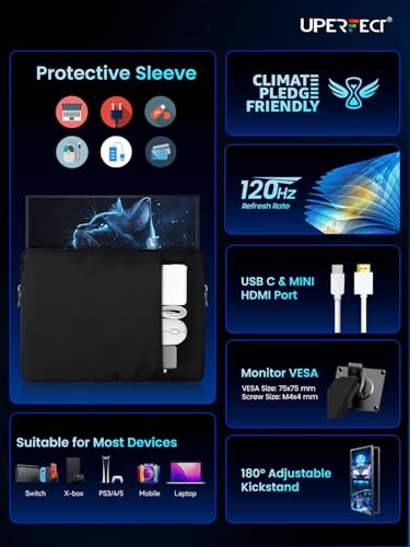 UPERFECT Portable Monitor 18.5-inch 120HZ Touchscreen 100% sRGB w/VESA & Stand 180° Adjustable Ultra-Slim & Lightweight Frameless FHD FreeSync IPS HDR Gaming Display, Travel Second Monitor for Laptop | 100% sRGB Ultra-Slim Lightweight Frameless FHD FreeSy