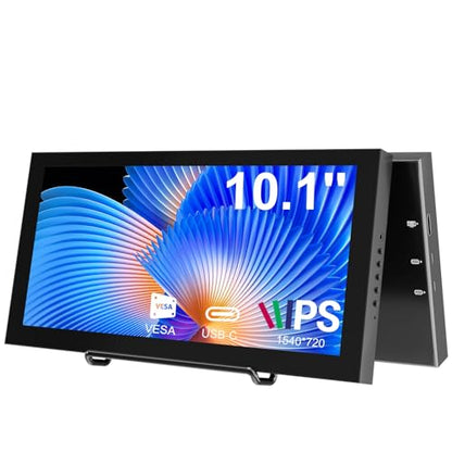 Prechen 10.1 Inch Secondary Mini Monitor,IPS Stretched Bar LCD Travel Display 1540×720 USB-C HDMI Portable Secondary Display with Stand & Speaker, CNC Material for PC Laptop Rasp PI AIDA64, Speaker