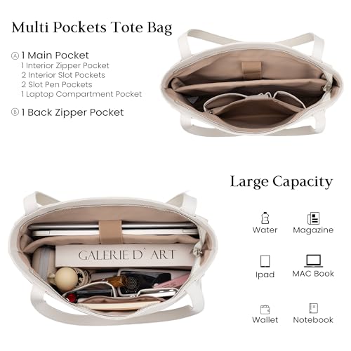 befen Genuine Leather Tote Bag for Women Work Travel Leather Purse Handbags | Real Leather, Padded 14" Laptop Compartment, Multi-Pockets, Zipper, Tote Bag for Daily - color: Beige White