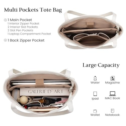 befen Genuine Leather Tote Bag for Women Work Travel Leather Purse Handbags | Real Leather, Padded 14" Laptop Compartment, Multi-Pockets, Zipper, Tote Bag for Daily - color: Beige White