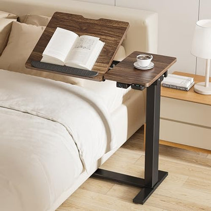 BIZUM Small Electric Standing Desk, Overbed Table Wireless Tilt Top with Hidden Wheels, 27.6×15.8 Inch Adjustable Rolling Laptop Desk, USB-C Rechargeable Battery, Walnut - color: Walnut