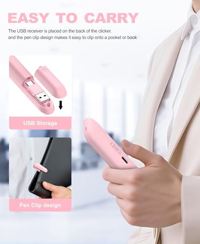 2-in-1 USB-A & USB-C Presentation Remote – Pink Wireless PowerPoint Clicker with Red Light, Volume Control & Hyperlink – Plug & Play Slide Advancer for Laptop, PC, Mac - color: Pink