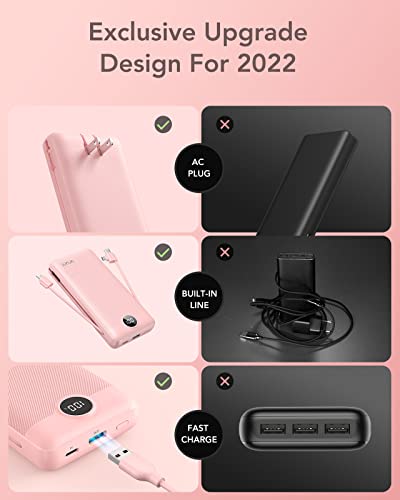 VRURC Portable Charger 20000mAh, Fast Charging Power Bank USB C,4 Output 2 Input Travel Essentials Charging Bank Equipped with LED Display,Built-in Wall Plug and Cables,Phone Charger Battery,Pink - color: Pink
