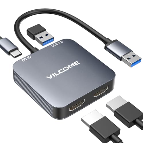 vilcome USB to HDMI Adapter, USB 3.0 to Dual HDMI Adapter, Audio Video Graphics Converter Cable for Laptop Monitor Desktop TV, Compatible with Mac OS, Windows