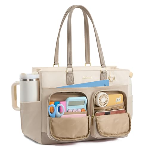 LOVEVOOK Laptop Work Tote Bag for Women with 40oz Cup Holder and Pockets | 40oz Large Cup Holder,Teacher Tote Bag with Laptop Compartment,Zippered Nurse bag for Work or Travel - color: Khaki, size: 15.6 inch