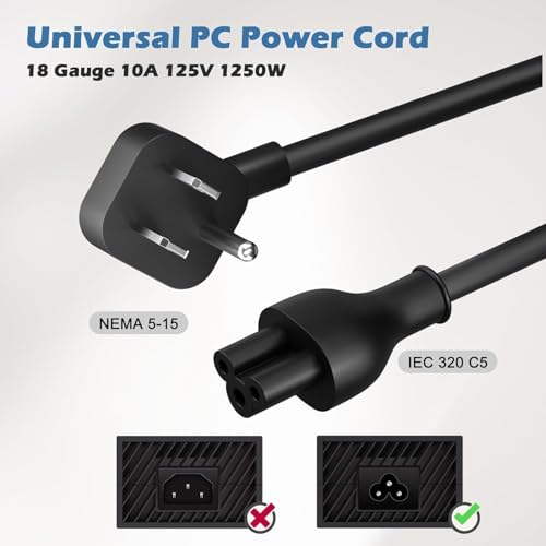 Elecan 45 Degree Angled Flat Plug Mickey Mouse Replacement Laptop Power Cord 2 Ft, Seamless 5-15P to IEC 320 C5 3-Prong Universal AC Cable for PC Notebook Printer Dell HP TV, 18AWG, ETL+ Organizer - size: 2FT, style: Angled to Straight