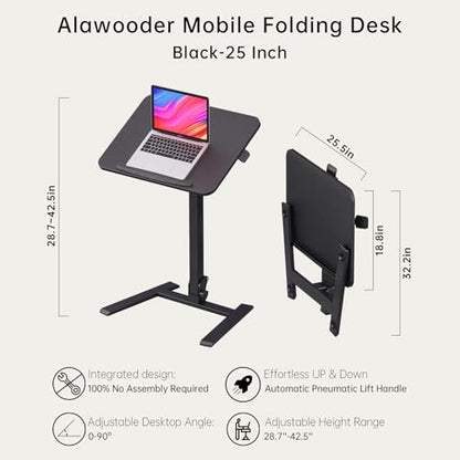 25" Mobile Folding Desk: Pneumatic Sit-Stand, No Assembly | 29-42" Height Adjustable Rolling Laptop Desk, Hidden Wheels, 0-90° Tilt Top. Ideal for Home Office, Craft & Study. - color: Black
