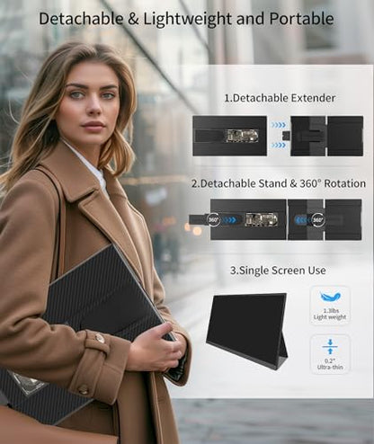 Cevaton Laptop Screen Extender - 15.6" FHD 1080P Portable Monitor for Laptop, Detachable & Plug and Play Dual Monitor Extender for 13"-17.3" Laptops, Compatible with Wins/Mac/Android/Chrome - size: 15.6" Screen