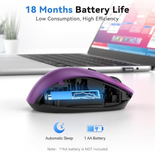 TECKNET Wireless Mouse for Laptop, Dual-Mode Bluetooth Wireless Mouse | (BT5.2/3.0 & 2.4G) Connection, Ergonomic Design, 5-Level DPI, Silent Click, Compatible with Laptop/PC/Windows/Chromebook - color: Purple