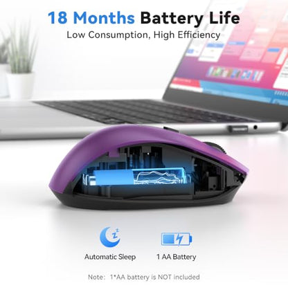 TECKNET Wireless Mouse for Laptop, Dual-Mode Bluetooth Wireless Mouse | (BT5.2/3.0 & 2.4G) Connection, Ergonomic Design, 5-Level DPI, Silent Click, Compatible with Laptop/PC/Windows/Chromebook - color: Purple