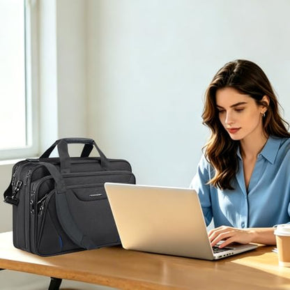 KROSER 17.3 Inch Laptop Computer Briefcase, Water-Repellent Messenger Bag | Expandable design, padded laptop compartment,shoulder strap and luggage strap for business, travel, men and women-Black/Blue - color: Black/Blue