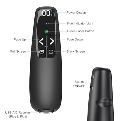 Rechargeable Presentation Clicker with Case, Power Digital Display Wireless Presenter Remote, USB C Green Light Pointer Computer PowerPoint PPT Clickers for Mac Laptop, Slideshow Google Slide Advancer - style: Green Light & Power Display