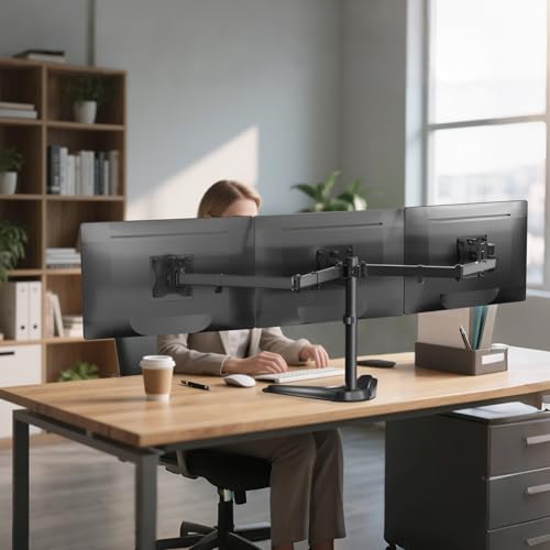WALI Freestanding Triple Monitor Stand for 13-27 inch Screens，22lbs per Arm | Articulating 3 Monitor Desk Mount, Full Motion with Tilt, Swivel, Rotation, C-Clamp & Grommet Base, VESA 75/100mm (MF003N) - size: Triple, style: Steel Free Stand