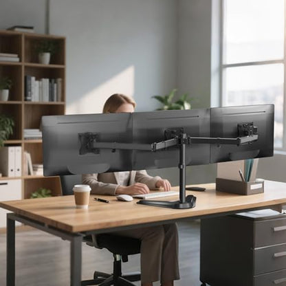WALI Freestanding Triple Monitor Stand for 13-27 inch Screens，22lbs per Arm | Articulating 3 Monitor Desk Mount, Full Motion with Tilt, Swivel, Rotation, C-Clamp & Grommet Base, VESA 75/100mm (MF003N) - size: Triple, style: Steel Free Stand