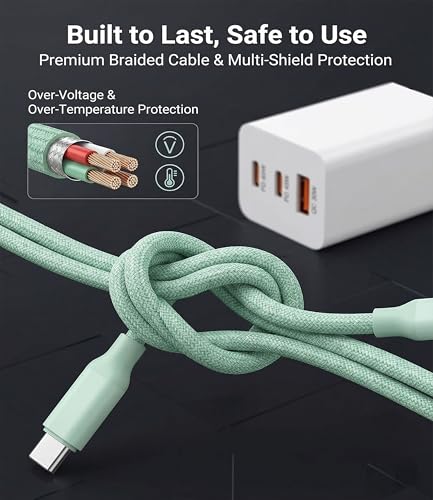 65W USB C Fast Charger, 3-Port PD Charger, 3 Cables, Green | Foldable green travel charger for laptop, phone & tablet, with 2 x 1.2m cables and 1 x 0.6m cable