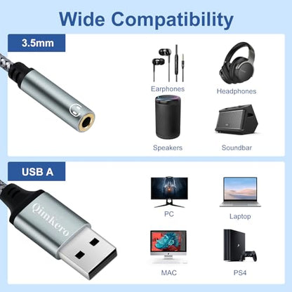 (2-Pack) QimKero External Stereo Sound Card, USB-A to 3.5mm TRRS 4-Pole Female, USB to 3.5mm AUX Stereo Audio Cable for PC Windows, Laptop, Mac, Desktops, Linux, PS4 Plug and Play No Drivers Needed