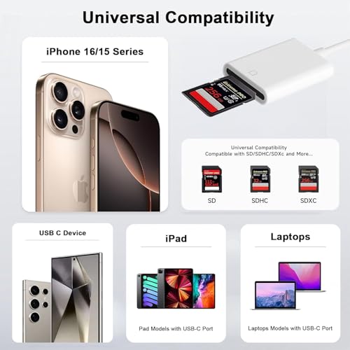【MFI Certified】 iPhone SD Card Reader, Camera Card Reader Adapter Compatible with iPhone 15-17, iPad/Mac Pro/Air,MacBook Pro/Air, Chromebook XPS, Galaxy and Android USBC Devices,No App Plug and Play