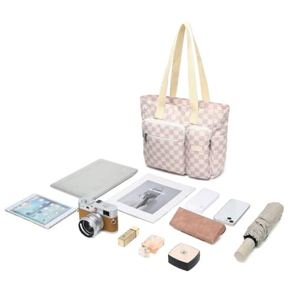 Women Tote Bag With Muti-Pockets,Lightweight Shoulder Bag,Large Capacity Handbag for Travel, Work, Gym - color: Lavender Grey Checkered