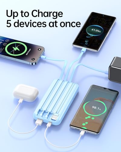 RONEGN Portable Charger with Built in Cable -20000mAh Fast Charging Power Bank USB C Slim 22.5W LED Display Battery Pack 5 Outputs & 3 Inputs for Travel Essentials iPhone Samsung Phones Sky Blue - color: Sky Blue