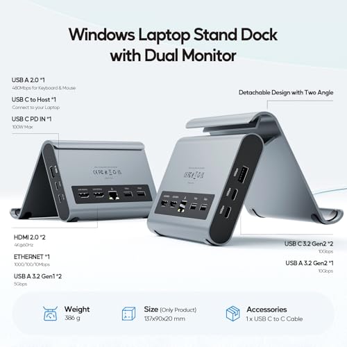USB C Docking Station Dual Monitor, Laptop Dock for Windows with HDMI 4K | PULWTOP Laptop Docking Staion Stand, 3xUSB-C/A 10Gbps,2xUSB-A 5Gbps,RJ45,PD for Surface Pro11/10/9/8/Dell/HP/Lenovo/Asus/Acer