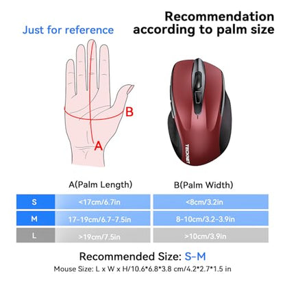 TECKNET Rechargeable Jiggler Wireless Mouse (BT5.0/3.0 & 2.4G) 4800 DPI Silent USB A & Bluetooth Mouse 6 Buttons, Wide Compatibility - Red - color: Red