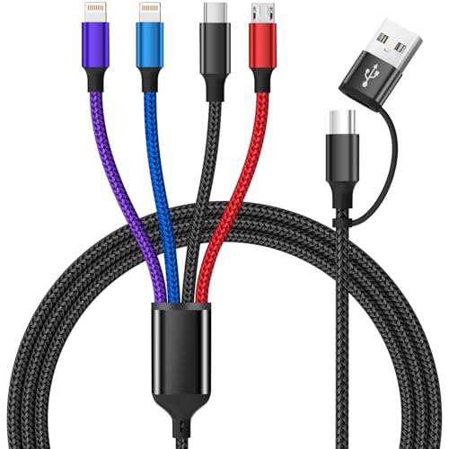 4 in 2 Multi Charging Cable, Dual IP Charging Cord with Type-C & Micro | USB A/C Input Multi Charging Cable with IP/IP, Type-C & Micro Ports, Nylon Braided Phone Charger for Travel & Car - color: Purple_Blue_Black_Red2, size: 1Pack 5FT