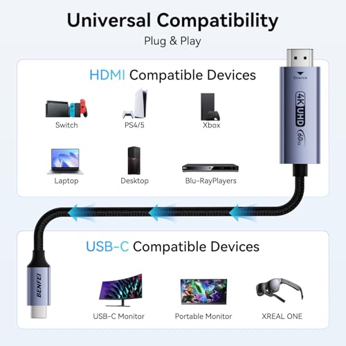 BENFEI HDMI to USB C Cable 6 feet 4K@60Hz, Unidirectional HDMI (Source) to USB-C (Display) Adapter for MacBook, Steam Deck, PS5/4, Nintendo Switch, AR/XR, Portable Monitors