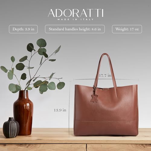 Italian Leather Tote Bag for Women - Large Shoulder Shopper, Fits 16” Laptop, Keychain Holder, Made in Italy - color: Chocolate Brown