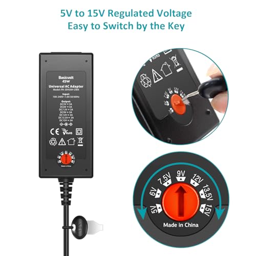 45W Universal 15V 13.5V 12V 9V 7.5V 6V 5V DC Power Supply, Switching AC Adapter Replacement Power Cord for LED Strip Lights Baby Monitor Security Cameras, Support 1A 2A 3A Max.