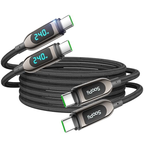 SOOPII 240W USB C to USB C Cable, [10ft,2Pack] Nylon Braided Fast Charging Cable with LED Display for lPhone 17/17 Pro/16 Plus/15 Pro Max,lPad Air,MacBook Pro,Galaxy S25/S24, Pixel, LG (Black) - color: Black, size: 3M 2Pack - 240W