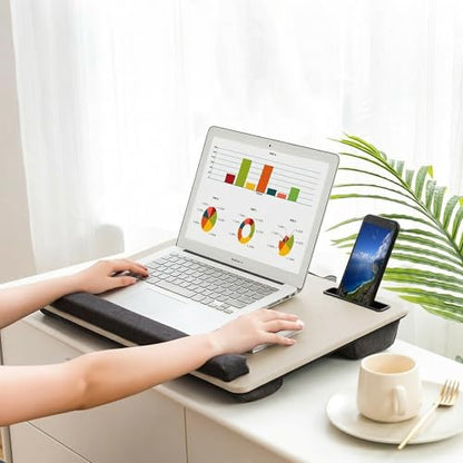 Lap Desk Home Office Lap Desk Portable Laptop Desk for Left Right - Handers with Whole Mouse Pad Wrist Pad Dual Cushion Phone Tablet Slots Fits Up to 17 Inch Laptops - color: Light Grey