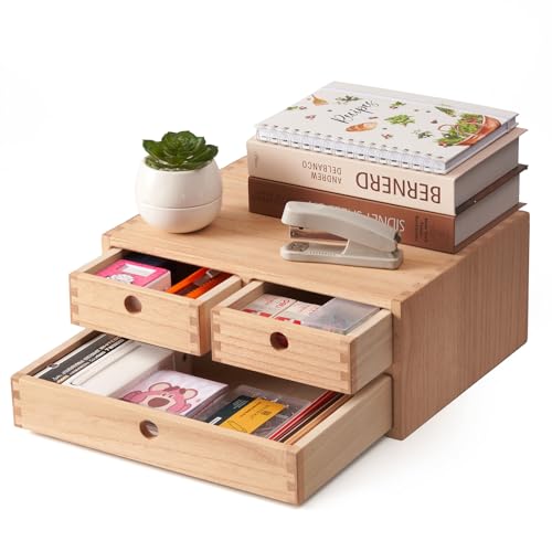 KIRIGEN Wood Desk Organizer with 3 Drawers, Desktop Storage, Natural 23-NA | Wooden Desktop Drawer Hold A4 Papers, Stationery, Jewelry, and Makeup, Fully Assembled for Home Office - color: Natural, size: 2-layer &3 drawers