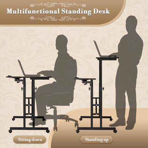 Athena Collection Rolling Standing Desk Small Mobile Table, Black | 4 Lockable Wheels, Engineered Wood Split Top, Adjustable Height for Home Office Computer Workstation - color: Black