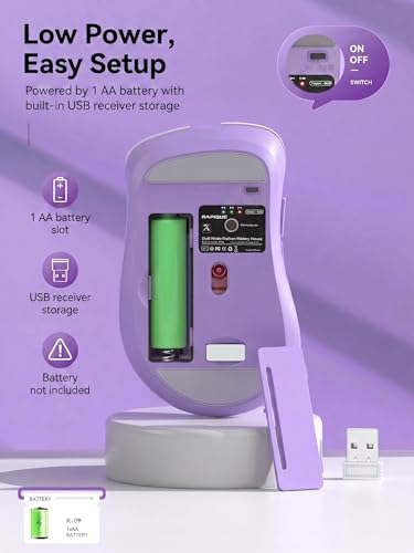 RAPIQUE Bluetooth Wireless Mouse, Dual Bluetooth & 2.4GHz USB Receiver, Right-Hand Design, Quiet Clicks, Low Power, Portable Multi-Device Compatibility for MacBook, Laptop, Computer, iPad, PC - Purple - color: Lavender Purple