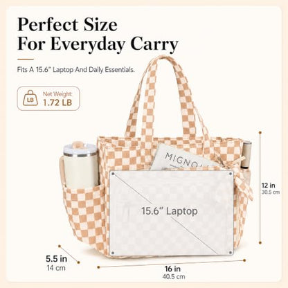 BTOOP Work Tote Bag for Women, Laptop Tote Bag With 15.6 Inch Padded Compartment, Teacher Nurse Bible Bags - color: Beige Checkered