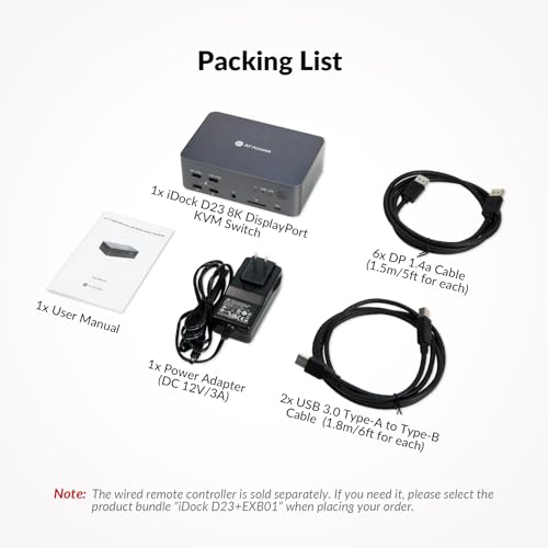 AV Access 8K DisplayPort KVM Docking Station 3 Monitors 2 PCs, with 6 DP Cables, 3xUSB 3.0 Hub, GbE, 8K@60Hz 4K@165Hz KVM Switch Triple Monitors 2 Desktops, SD, Audio, All-Aluminum, for HP, Dell - size: D23