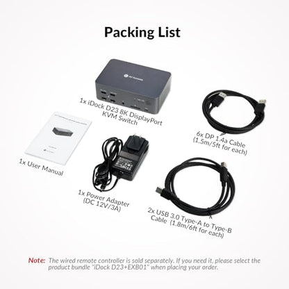 AV Access 8K DisplayPort KVM Docking Station 3 Monitors 2 PCs, with 6 DP Cables, 3xUSB 3.0 Hub, GbE, 8K@60Hz 4K@165Hz KVM Switch Triple Monitors 2 Desktops, SD, Audio, All-Aluminum, for HP, Dell - size: D23