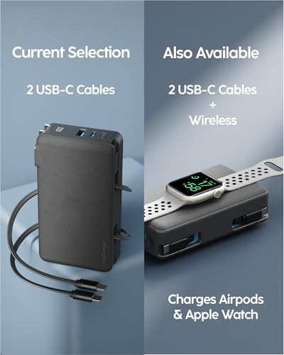 myCharge RetractaCharger 10000mAh Power Bank – 28" Retractable 2 USB-C Cables | Built-in Wall Plug | 30W PD Fast Charging | Digital Battery Display | USB-C/A Ports | Up to 60 Hrs Extra Power | Black - size: 2 USB-C Cables