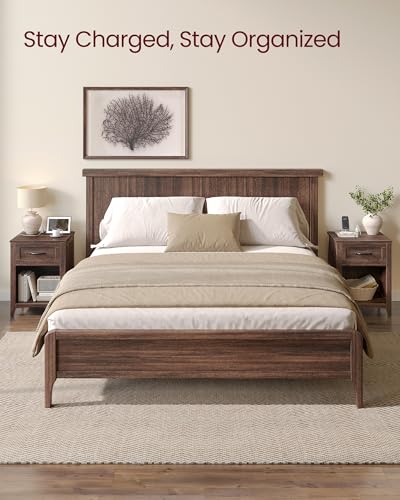 VASAGLE LIRY Collection - Farmhouse Nightstands with Charging Station, Set of 2 Bedside Tables, Side Tables with Drawer, Open Compartment, for Bedroom, Maroon Brown ULET959K51 - color: Maroon Brown, size: 2 PACK, style: 17.7"W x 23.6"H With 1 Drawer